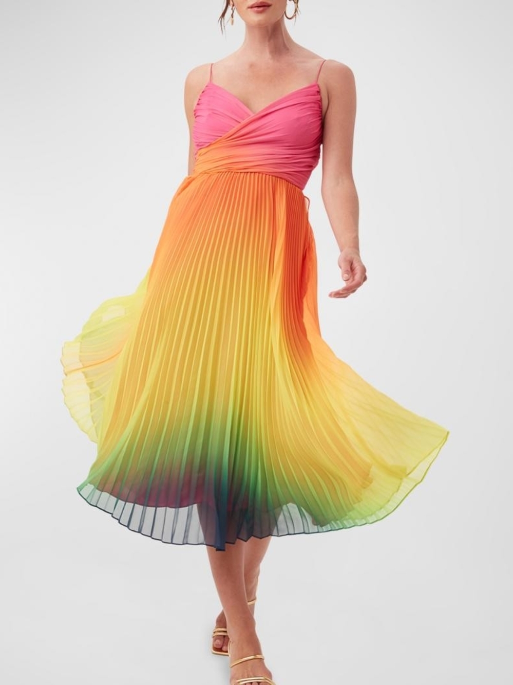 Trina Turk Pink-to-Green Ombre Pleated Midi Dress